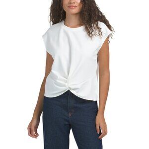 MODERN WORKS Ivory Scuba Ponte Knot Front Cap Sleeve Top